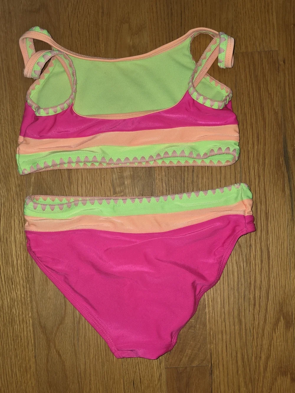 Girls' Neon Pink Two-Piece Swim Bikini with Peach & Lime Trim